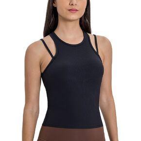 icyzone Racerback High Neck Workout Tank Tops for Women, Fitted Ribbed Athletic Gym Running Yoga Tops with Built in Bra