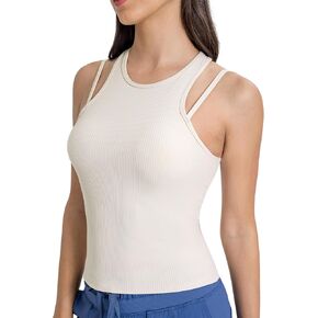 قمصان بدون أكمام للتمرين برقبة عالية من icyzone Racerback للنساء، قمصان رياضية مضلعة للجري والجري واليوجا مع حمالة صدر مدمجة