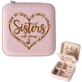 Fun Friendship Pink Zipper Jewelry Case, Side By Side or Miles Apart Friends will Always Be Connected by Heart Travel Organizers Boxes,gift for Best Friend Sister Bestie Girlfriends (4-Inch)