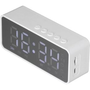 Alarm Clock with Bluetooth Speaker, Speaker Charging Power Bank Beside with Mirror/Display Dual Alarm Clock/Temperature/FM/ Phone Calls, Support Memory Card Plug In for Office