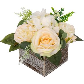 Flower Arrangement with Wooden Vase 14" Artificial Flowers in Pot - Fake Flowers Roses Peonies Hydrangeas in Wooden Vase Potted Artificial Flower Centerpieces for Table Decor Living Room - Red