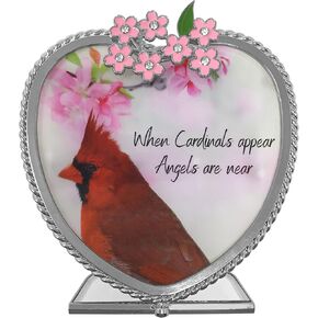 BANBERRY DESIGNS Memorial Candle Holder - When Cardinals Appear, Angels are Near - Red Cardinal in Spring Scene Printed on Heart Shaped Glass Tealight Candle Holder