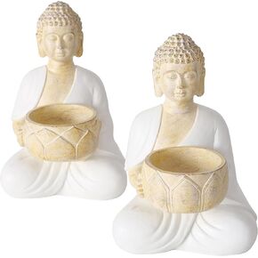 Baby Buddha Tea Light Holders, Set of 2, White, Cast Resin, 6 Inches Tall