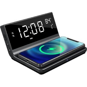 Supersonic SC-6025QI Dual Alarm Clock with Wireless Charger, Smart Nightstand Clock with Calendar, Room Temperature, LED Display, and Dual Device Charging