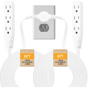 Twin Extension Cord, 12FT Flat Outlet Extension Cord: 6 FT on Each Side, Split Extension Cord with 6 Outlets, White Extension Cord 2 prong for Behind Bed| Couch| Nightstand| Vanity| Furniture