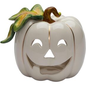 21073 Fine Ceramic Halloween White with Gold Pumpkin Tea Light Candle Holder, 5" L