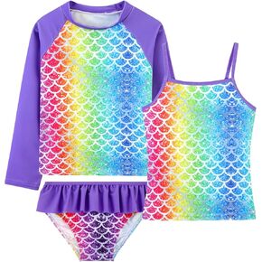 DAXIANG Girls 3 Pieces Rash Guard Swimsuit Sets Long Sleeve Tankini Sets UPF Sun Proction Bathing Suit 3-10 Years