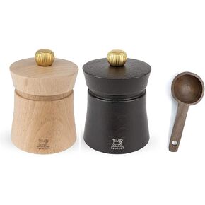 Peugeot Baya Salt And Pepper Mill Gift Set 3", Chocolate With Wood Spice Scoop