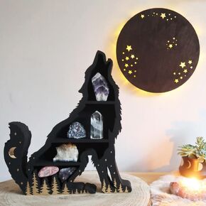 Wooden Floating Shelf Wolf Right Side Design Unique Table Decor Crystal & Rock Display Shelf, Floating Wall Shelves for Rocks, Crystals, Oils, Stones, Plants(11.8"x9.8")