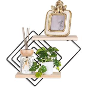 Floating Shelves Modern Geometric - Bedroom Wall Shelf Black Hanging Shelf Wooden Shelves Decorative Wall Mounted Metal Decor Plant Display Set of 2
