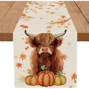 Fall Table Runner Cow Pumpkin Maple Branch Burlap Table Runners Autumn Farmhouse Kitchen Dining Table Indoor Outdoor Decorations 13x36 Inch