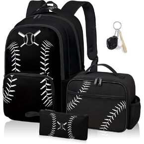 حقيبة ظهر بيسبول للأولاد، حقيبة ظهر بيسبول للأطفال للمدرسة، مجموعة حقائب كتب مقاس 17 بوصة مع حقيبة غداء وحقيبة أقلام وسلسلة مفاتيح باللون الأسود in Kuwait