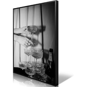 nghtuiyocw Framed Black and White Champagne Glasses Canvas Wall Art, Vintage Funky Bar Cart Art Decor, Retro Champagne Tower Poster Wine Decorations, Kitchen Dining Room Pub Decor Prints 12x16in