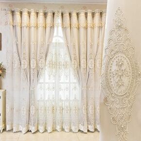 Amidoudou 1 Pair European Double Layer Curtains with Valances for Living Room Bedroom Luxury 3D Flower Embroidered Curtains (Green,52x84 Inch)