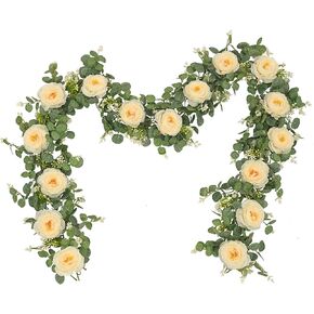 Dolicer 2Pcs 13Ft Artificial Eucalyptus Garlands with Flowers - 8 Camellias, Faux Floral Greenery Garlands Fake Flowers Vines for Wedding Centerpieces Arch Party Ceremony Backdrop Decor (Champagne)