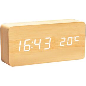 Lancoon Wooden Digital Clock - Multi-function LED Alarm Clock with Time/Date/Temperature Display and Voice Control for Home Office Travel - AC11Yellow_White