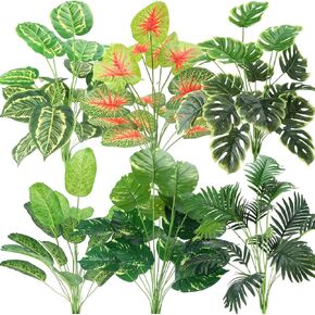 6 Pcs Artificial Tropical Plants 32 Inches Fake Palm Tree Leaf Banana Monstera Turtle Leaves Perennial Palm Tree Large Faux Leaf Tropical Plants Safari Jungle Party Decoration for Home Office