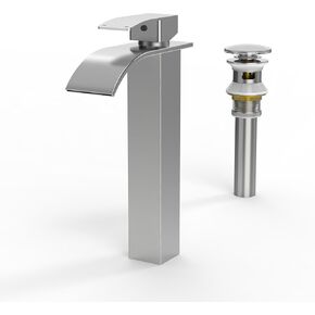 RUACQ Waterfall Bathroom Faucet,Single Handle Bathroom Sink Faucets for 1 or 3 Hole, Stainless Steel Washbasin Mixer Tap with Deck,Pop-up Drain and Supply Hoses (Brushed Nickel)