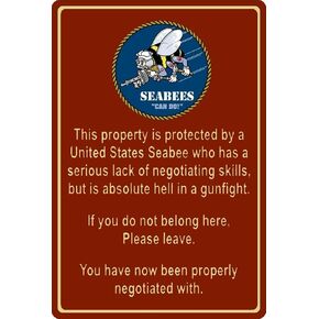 Lenrius Property Protected by Seabee Sailor US Navy Metal Tin Sign 8x12 Inch Home Kitchen Wall Decor