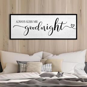 Always Kiss Me Goodnight Wall Sign 40''×15'' Vintage Master Bedroom Above Bed Farmhouse Wooden Framed Family Wall Decor for Larg Couples Over Bed Wall Art Decoration (White)