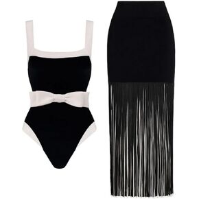 FLAXMAKER Bow Belted Black and White One Piece Swimsuit and Tassel Skirt