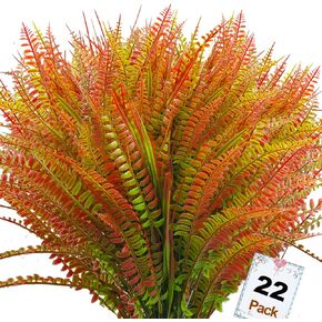 22 pcs Artificial Plants Outdoor, Artificial Ferns Outdoor Fake Plants UV Resistant, Outdoor Artificial Fall Flowers Plastic Fake Mums Faux Flowers Shrubs for Porch Garden Yard Window Box (Brown)