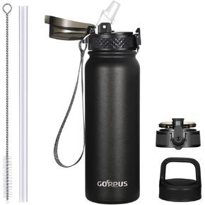 GOPPUS Kids Water Bottle with Straw Spout Wide Mouth Lid 20 oz Double Walled Metal Insulated Stainless Steel Sports Water Bottles with Strap Handle Stickers for Boys Girls School(3 Lids)