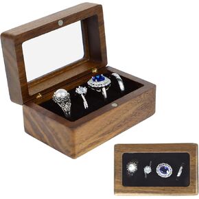 Wooden Wedding Ring Box with Glass Window Engagement Ring Display Box,4 Slots, Black Walnut, JZH-4S