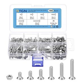 180Pcs M4 x 8mm / 10mm /12mm /16mm /20mm /25mm Flat Head Hex Socket Cap Screws Bolts Nuts Kit, 304 Stainless Steel, Full Thread, Countersunk Bolts