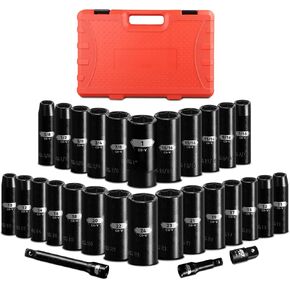 29-Piece 1/2 Inch Drive Deep Impact Socket Set, Standard 6 Point SAE and Metric Sizes (3/8" - 1", 10mm - 24mm), Cr-V Steel, with 3", 5" Impact Extension Bars and Socket Adapter