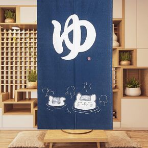 Japanese Noren Doorway Curtain Two Cats Bathing in Hot Spring Door Curtain Tapestry Home Decoration, 33.5" x 59.1", Blue