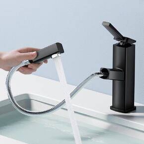JONKEAN Pull Out Bathroom Faucet 1 Hole, Square Single Handle Bathroom Sink Faucets, Single Hole Bathroom Faucet with Pull Down Sprayer, Modern RV Lavatory Vanity Faucet (Brushed Nickel, Regular)