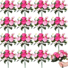 Yunlly 16 Packs Artificial Peony Flowers Faux Flowers Peonies Bouquet Silk Vintage Wedding Home Table Door Decor Reusable Bouquet Rose Flowers for Bridal Wedding Birthday Home (Dark Pink,Elegant)