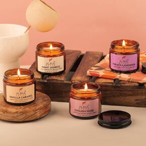 Set of 4 Scented Amber Jar Candles in Soy Wax || Burning Time 25 Hours Each || Soy Wax || Paraben Free || EnglishRose, Vanilla Caramel, Night Jasmine, French Lavender (Pack of 4)