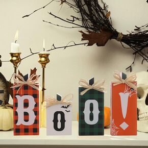 Halloween Decorations, 4PCS Wooden Boo Sign Block Tabletop Decorations, for Home Farmhouse Indoor Party Fireplace Decor.