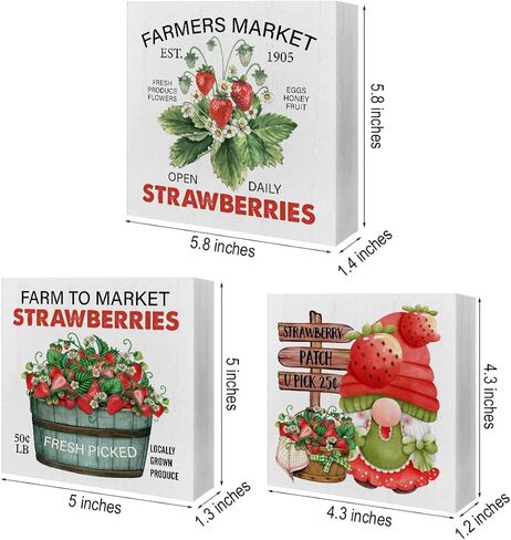 الفراولة صندوق خشبي علامات 3 قطع مزرعة الفراولة موضوع علبة متدرجة علامات الخشب ديكور التوت الأحمر علامات كتلة خشبية مجموعة الجدول محور الديكور لمكتب الرف المنزل in Kuwait