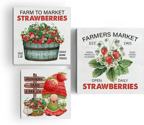 الفراولة صندوق خشبي علامات 3 قطع مزرعة الفراولة موضوع علبة متدرجة علامات الخشب ديكور التوت الأحمر علامات كتلة خشبية مجموعة الجدول محور الديكور لمكتب الرف المنزل in Kuwait