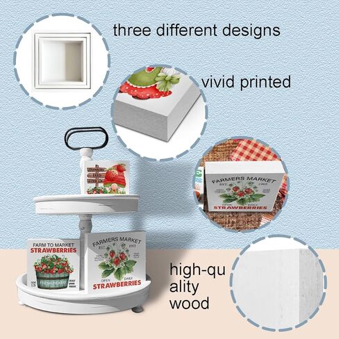 الفراولة صندوق خشبي علامات 3 قطع مزرعة الفراولة موضوع علبة متدرجة علامات الخشب ديكور التوت الأحمر علامات كتلة خشبية مجموعة الجدول محور الديكور لمكتب الرف المنزل in Kuwait
