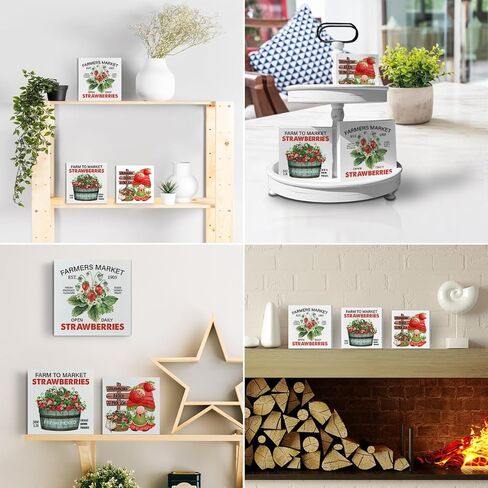 الفراولة صندوق خشبي علامات 3 قطع مزرعة الفراولة موضوع علبة متدرجة علامات الخشب ديكور التوت الأحمر علامات كتلة خشبية مجموعة الجدول محور الديكور لمكتب الرف المنزل in Kuwait