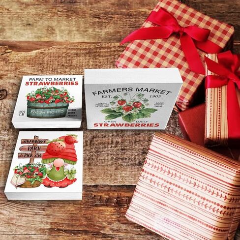 الفراولة صندوق خشبي علامات 3 قطع مزرعة الفراولة موضوع علبة متدرجة علامات الخشب ديكور التوت الأحمر علامات كتلة خشبية مجموعة الجدول محور الديكور لمكتب الرف المنزل in Kuwait