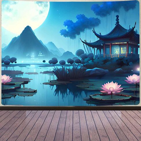Aidatain اليابانية نسيج الجبل لوتس بركة الطبيعة المناظر الطبيعية المفروشات القمر مشهد الليل الآسيوية نسيج الجمالية جدار الفن نسيج لغرفة النوم غرفة المعيشة ديكور المنزل (80 "X60") GTHJAT15 in Kuwait