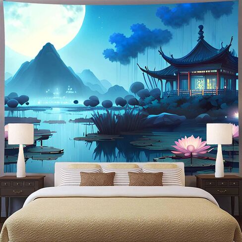 Aidatain اليابانية نسيج الجبل لوتس بركة الطبيعة المناظر الطبيعية المفروشات القمر مشهد الليل الآسيوية نسيج الجمالية جدار الفن نسيج لغرفة النوم غرفة المعيشة ديكور المنزل (80 "X60") GTHJAT15 in Kuwait