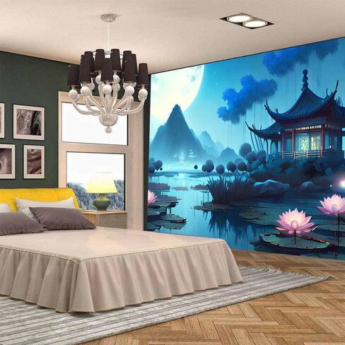 Aidatain اليابانية نسيج الجبل لوتس بركة الطبيعة المناظر الطبيعية المفروشات القمر مشهد الليل الآسيوية نسيج الجمالية جدار الفن نسيج لغرفة النوم غرفة المعيشة ديكور المنزل (80 "X60") GTHJAT15 in Kuwait