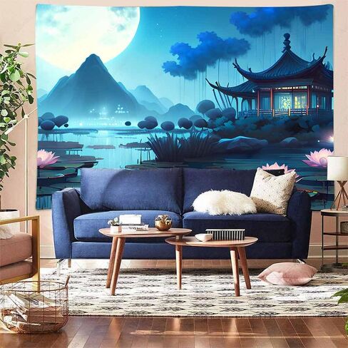 Aidatain اليابانية نسيج الجبل لوتس بركة الطبيعة المناظر الطبيعية المفروشات القمر مشهد الليل الآسيوية نسيج الجمالية جدار الفن نسيج لغرفة النوم غرفة المعيشة ديكور المنزل (80 "X60") GTHJAT15 in Kuwait
