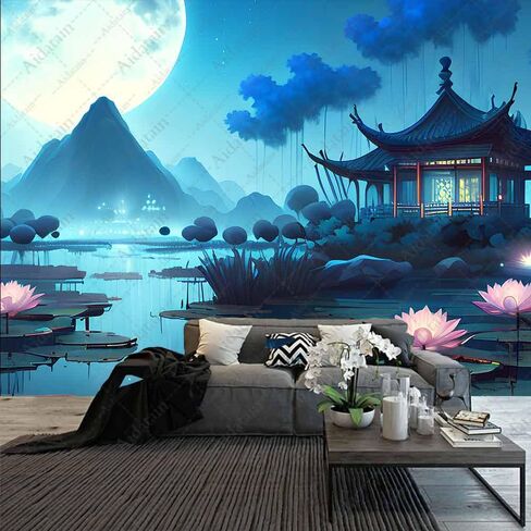 Aidatain اليابانية نسيج الجبل لوتس بركة الطبيعة المناظر الطبيعية المفروشات القمر مشهد الليل الآسيوية نسيج الجمالية جدار الفن نسيج لغرفة النوم غرفة المعيشة ديكور المنزل (80 "X60") GTHJAT15 in Kuwait