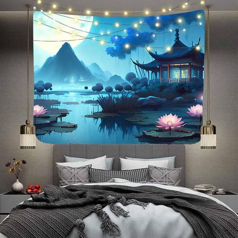 Aidatain اليابانية نسيج الجبل لوتس بركة الطبيعة المناظر الطبيعية المفروشات القمر مشهد الليل الآسيوية نسيج الجمالية جدار الفن نسيج لغرفة النوم غرفة المعيشة ديكور المنزل (80 "X60") GTHJAT15 in Kuwait