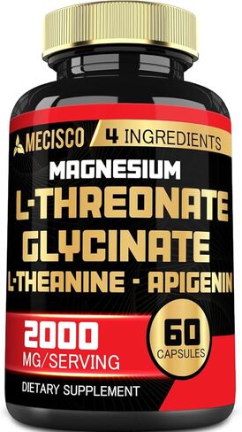 مكمل 2000 مجم من المغنيسيوم إل ثريونات مع جليسينات المغنيسيوم، إل-ثيانين وأبيجينين - 60 كبسولة - المزاج الإيجابي، صحة الدماغ، القدرة على التذكر ودعم نمو العضلات in Kuwait