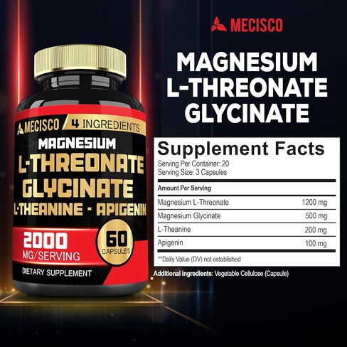 مكمل 2000 مجم من المغنيسيوم إل ثريونات مع جليسينات المغنيسيوم، إل-ثيانين وأبيجينين - 60 كبسولة - المزاج الإيجابي، صحة الدماغ، القدرة على التذكر ودعم نمو العضلات in Kuwait