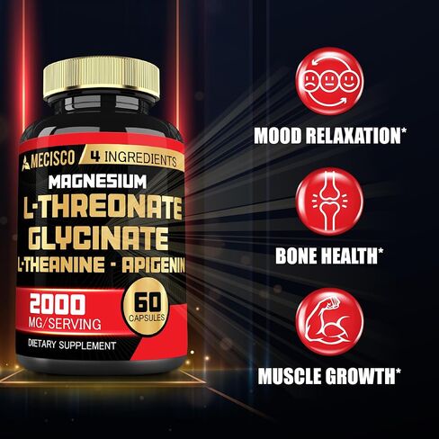 مكمل 2000 مجم من المغنيسيوم إل ثريونات مع جليسينات المغنيسيوم، إل-ثيانين وأبيجينين - 60 كبسولة - المزاج الإيجابي، صحة الدماغ، القدرة على التذكر ودعم نمو العضلات in Kuwait
