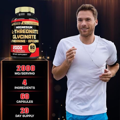 مكمل 2000 مجم من المغنيسيوم إل ثريونات مع جليسينات المغنيسيوم، إل-ثيانين وأبيجينين - 60 كبسولة - المزاج الإيجابي، صحة الدماغ، القدرة على التذكر ودعم نمو العضلات in Kuwait